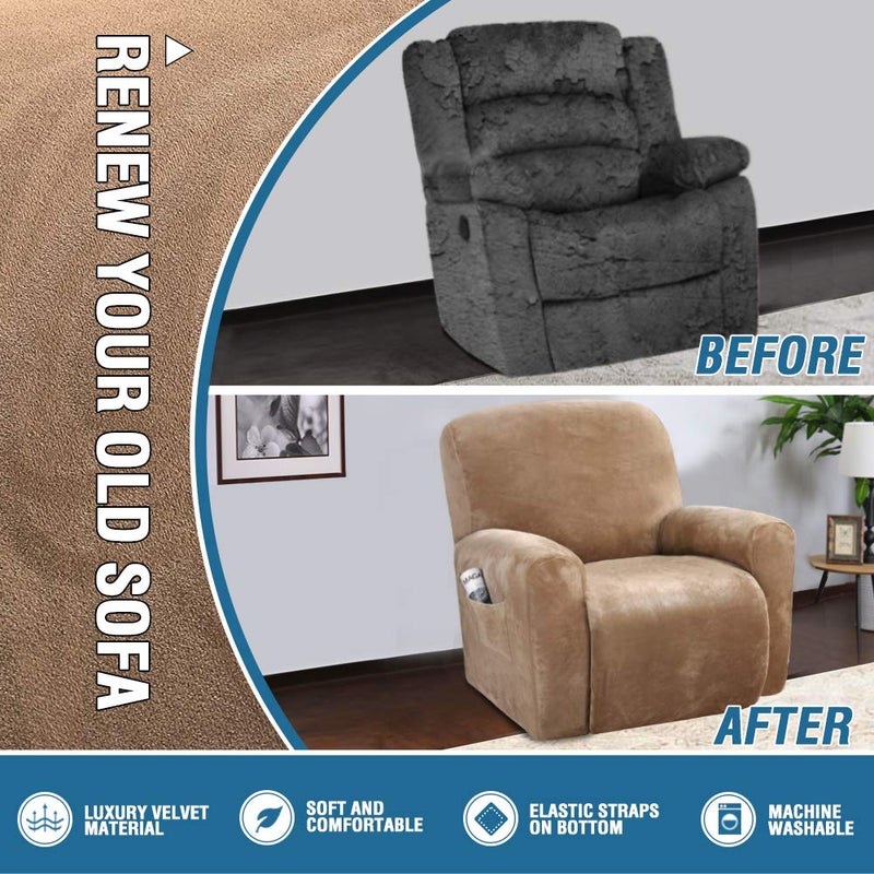 H.VERSAILTEX Velvet Stretch Recliner Couch Covers 4-Pieces Style Recliner Chair Covers Recliner Cover for Reclining Chair Slipcovers Feature Non Slip Form Fitted Thick Soft Washable, Camel - Image 4